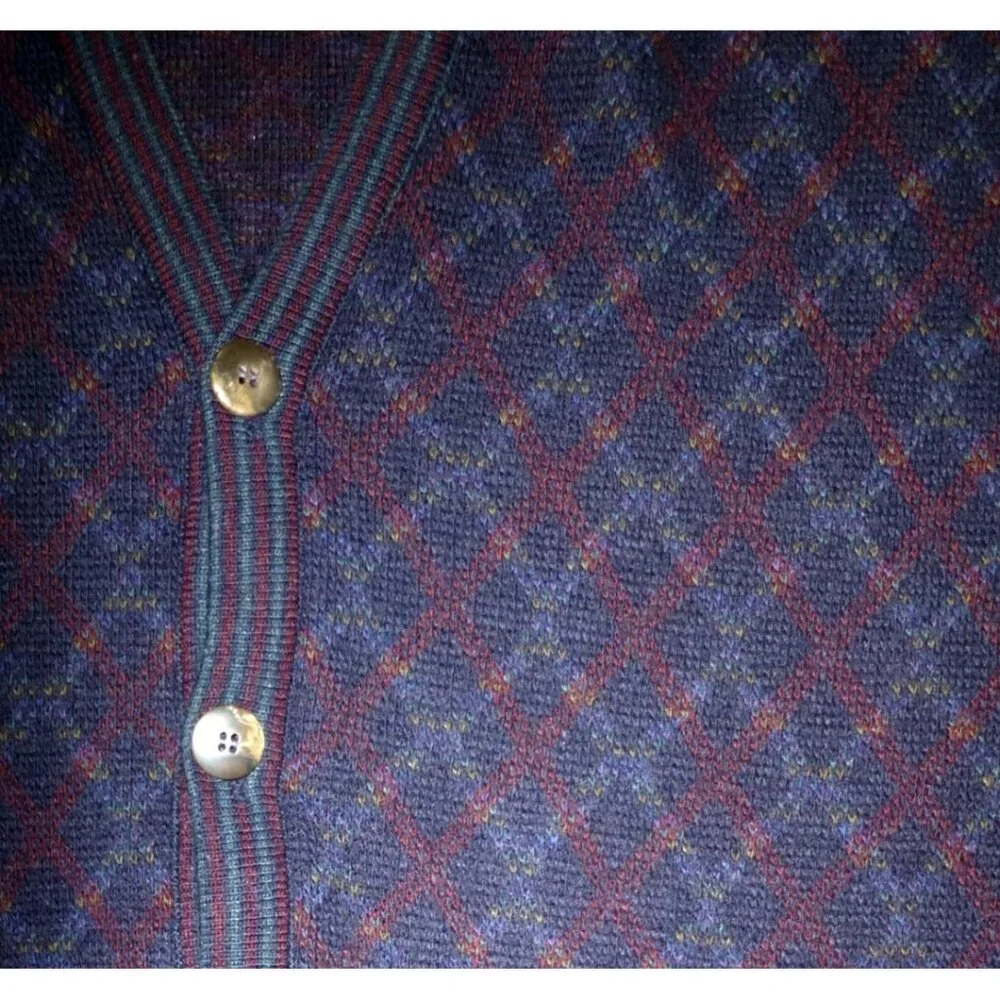 Vtg 90s Florence Tricot‎ Cardigan Sweater Argyle L Patterned Wool Blend Italy